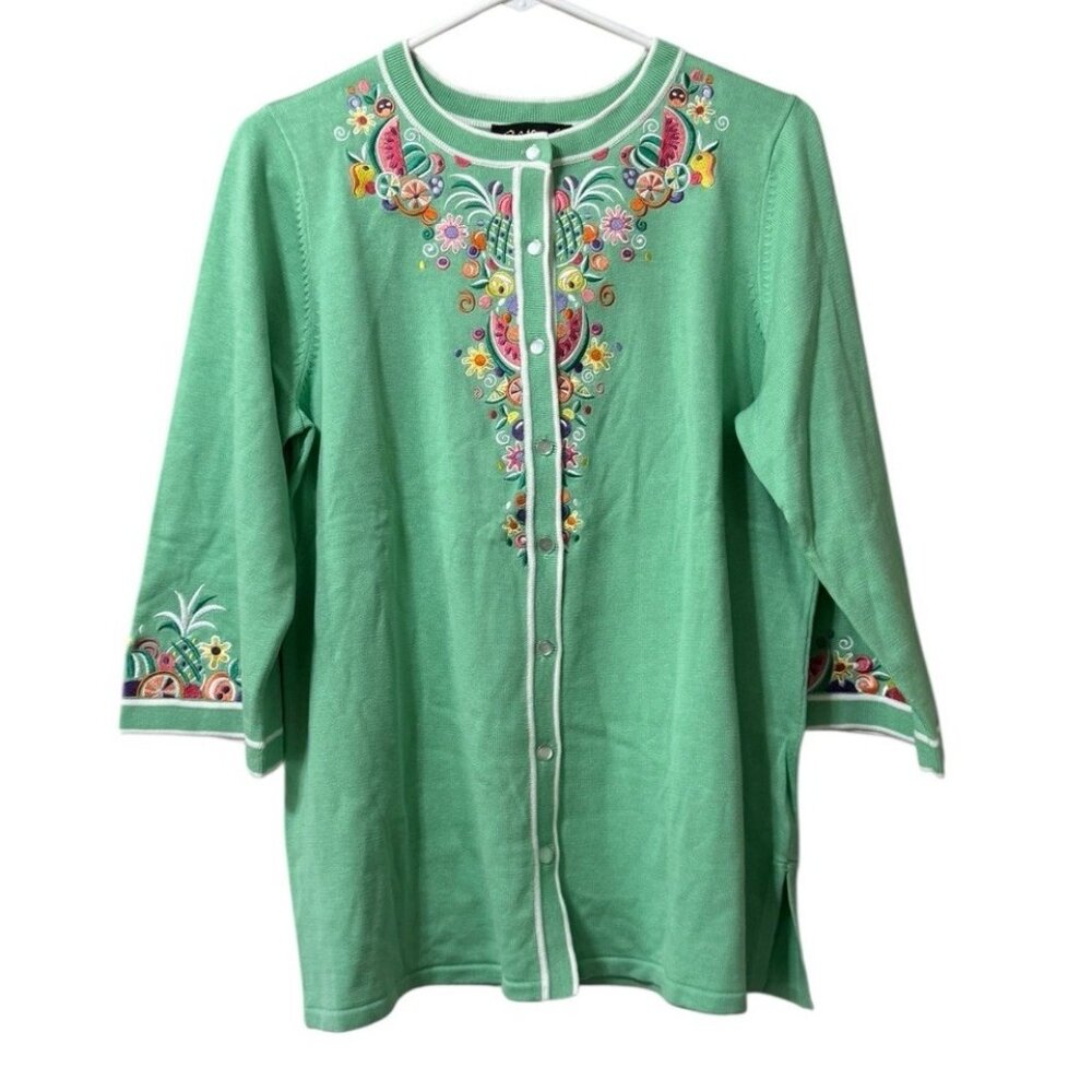 Bob Mackie Wearable Art Fruit And Floral Cardigan‎ Sweater Women’s Size Medium